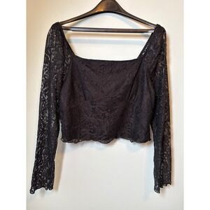 Kirious Los Angeles Black Floral Lace Square Neck Crop Top Sheer Romantic Y2K XL